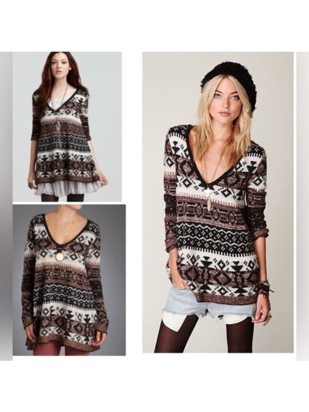 Free People Brown & White Alpaca Blend Cabin Fever Sweater, Size XS